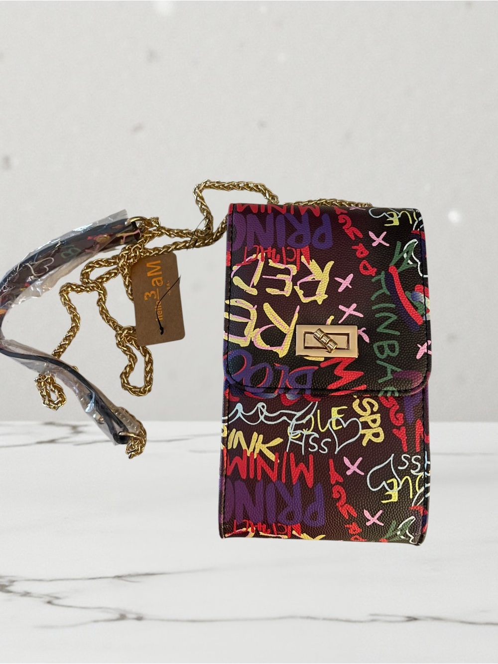 Graffiti Print Crossbody Phone Bag with Gold Chain